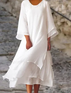 Online Women's Light Pink White Summer Spring Fall Midi Dress Linen-Inspired Dresses White Dress Casual Dress Basic Casual Outdoor Vacation Daily Loose Fit Pure Color Crew Neck Women Dresses