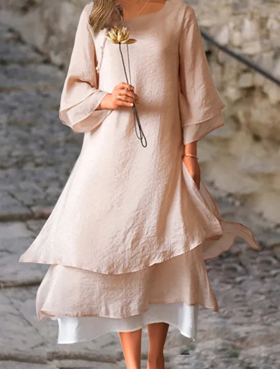 Online Women's Light Pink White Summer Spring Fall Midi Dress Linen-Inspired Dresses White Dress Casual Dress Basic Casual Outdoor Vacation Daily Loose Fit Pure Color Crew Neck Women Dresses