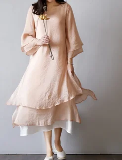 Online Women's Light Pink White Summer Spring Fall Midi Dress Linen-Inspired Dresses White Dress Casual Dress Basic Casual Outdoor Vacation Daily Loose Fit Pure Color Crew Neck Women Dresses