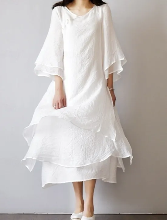 Online Women's Light Pink White Summer Spring Fall Midi Dress Linen-Inspired Dresses White Dress Casual Dress Basic Casual Outdoor Vacation Daily Loose Fit Pure Color Crew Neck Women Dresses