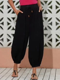 Sale Women's Linen Loose Pleated Adjustable Drawstring Dhoti Pants with Pockets Women Pants