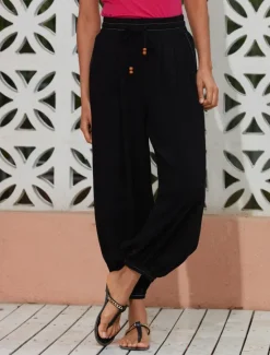 Sale Women's Linen Loose Pleated Adjustable Drawstring Dhoti Pants with Pockets Women Pants