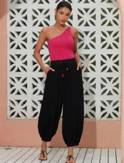 Sale Women's Linen Loose Pleated Adjustable Drawstring Dhoti Pants with Pockets Women Pants