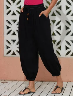 Sale Women's Linen Loose Pleated Adjustable Drawstring Dhoti Pants with Pockets Women Pants