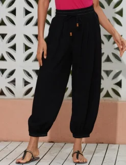 Sale Women's Linen Loose Pleated Adjustable Drawstring Dhoti Pants with Pockets Women Pants