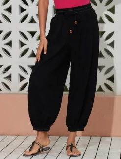 Sale Women's Linen Loose Pleated Adjustable Drawstring Dhoti Pants with Pockets Women Pants