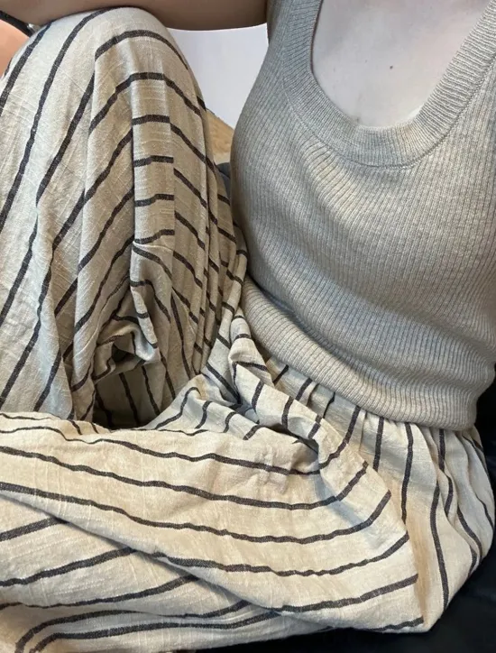 Discount Women's Linen Blend Culottes Wide Leg Vacation Vintage Ethnic Style Full Length Mid Waist Striped Stripe Comfortable Breathable Inelastic Vacation Home Daily Beige Grey Summer Spring Fall Loose Fit Women Pants
