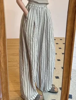Discount Women's Linen Blend Culottes Wide Leg Vacation Vintage Ethnic Style Full Length Mid Waist Striped Stripe Comfortable Breathable Inelastic Vacation Home Daily Beige Grey Summer Spring Fall Loose Fit Women Pants