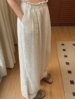 Sale Women's Linen BLend Pants Trousers Vacation Vintage Ethnic Style Full Length Mid Waist Striped Elastic Waistband Comfy Breathability Soft Inelastic Vacation Home Summer Spring Fall Loose Fit Women Pants|Pants