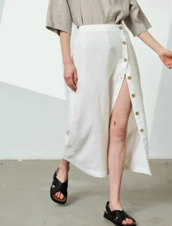 Online Women's 55%Linen Cotton A Line Elegant Vintage Basic Casual Midi Mid Waist Skirts Plain Split Ends Inelastic School Vacation Black White Summer Women Skirts