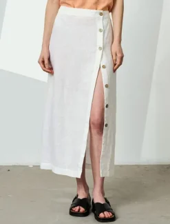 Online Women's 55%Linen Cotton A Line Elegant Vintage Basic Casual Midi Mid Waist Skirts Plain Split Ends Inelastic School Vacation Black White Summer Women Skirts