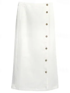 Online Women's 55%Linen Cotton A Line Elegant Vintage Basic Casual Midi Mid Waist Skirts Plain Split Ends Inelastic School Vacation Black White Summer Women Skirts