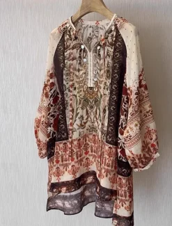 Online Women's Linen Cotton Boho Shirt Floral Seashell Paisley Abstract Vintage Stylish Ethnic 3/4 Length Sleeve Lantern Sleeve V Neck Regular Tops Daily Holiday Going out Tie Front Summer Spring Fall Women Blouses & Shirts