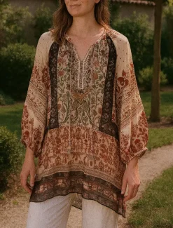 Online Women's Linen Cotton Boho Shirt Floral Seashell Paisley Abstract Vintage Stylish Ethnic 3/4 Length Sleeve Lantern Sleeve V Neck Regular Tops Daily Holiday Going out Tie Front Summer Spring Fall Women Blouses & Shirts