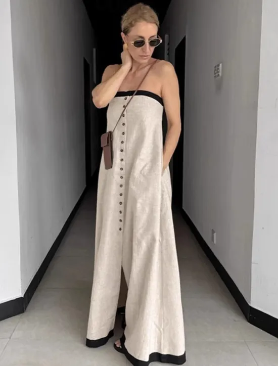 Women's Linen Cotton Maxi Dress Sundress A Line Dress Off The Shoulder Dress Vacation Birthday Casual Party Beach Standard Fit Solid Color Graphic Sleeveless Strapless Summer Spring Fall Women Dresses|Vacation Dresses