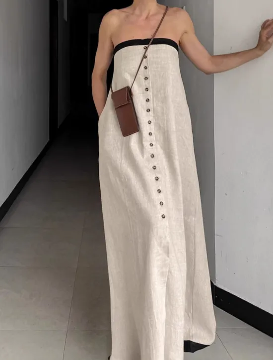 Women's Linen Cotton Maxi Dress Sundress A Line Dress Off The Shoulder Dress Vacation Birthday Casual Party Beach Standard Fit Solid Color Graphic Sleeveless Strapless Summer Spring Fall Women Dresses|Vacation Dresses