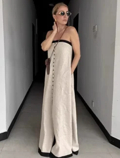 Women's Linen Cotton Maxi Dress Sundress A Line Dress Off The Shoulder Dress Vacation Birthday Casual Party Beach Standard Fit Solid Color Graphic Sleeveless Strapless Summer Spring Fall Women Dresses|Vacation Dresses
