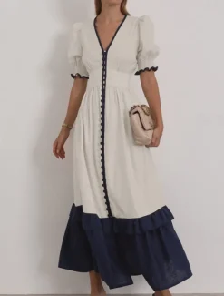Clearance Women's 55%Linen Maxi Dress Ruffle Dress Vacation Party Birthday Puff Sleeve Office Birthday Daily Regular Fit Plain Short Sleeve V Neck Summer Spring Women Dresses|Casual Dress