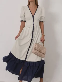 Clearance Women's 55%Linen Maxi Dress Ruffle Dress Vacation Party Birthday Puff Sleeve Office Birthday Daily Regular Fit Plain Short Sleeve V Neck Summer Spring Women Dresses|Casual Dress