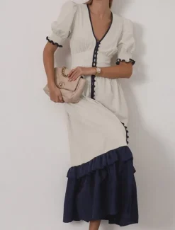 Clearance Women's 55%Linen Maxi Dress Ruffle Dress Vacation Party Birthday Puff Sleeve Office Birthday Daily Regular Fit Plain Short Sleeve V Neck Summer Spring Women Dresses|Casual Dress