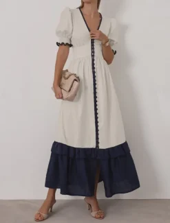 Clearance Women's 55%Linen Maxi Dress Ruffle Dress Vacation Party Birthday Puff Sleeve Office Birthday Daily Regular Fit Plain Short Sleeve V Neck Summer Spring Women Dresses|Casual Dress