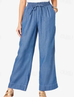 Clearance Women's Linen Pants Pants Trousers Lightweight Casual Full Length Mid Rise Plain Pocket Drawstring Breathability Comfortable Inelastic Home Casual Daily Light Sky Blue Navy Summer Spring Regular Fit Women Pants