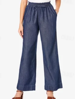 Clearance Women's Linen Pants Pants Trousers Lightweight Casual Full Length Mid Rise Plain Pocket Drawstring Breathability Comfortable Inelastic Home Casual Daily Light Sky Blue Navy Summer Spring Regular Fit Women Pants