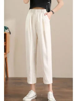 Hot Women's Linen Pants Pants Trousers Fashion Ankle-Length Plain Side Pockets Elastic Waistband Breathability Comfortable Inelastic Casual Daily Black White Army Green Royal Blue Spring & Summer Women Pants