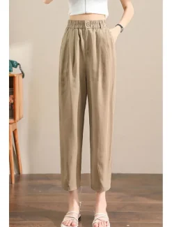 Hot Women's Linen Pants Pants Trousers Fashion Ankle-Length Plain Side Pockets Elastic Waistband Breathability Comfortable Inelastic Casual Daily Black White Army Green Royal Blue Spring & Summer Women Pants