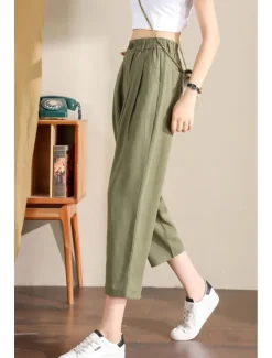 Hot Women's Linen Pants Pants Trousers Fashion Ankle-Length Plain Side Pockets Elastic Waistband Breathability Comfortable Inelastic Casual Daily Black White Army Green Royal Blue Spring & Summer Women Pants