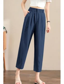 Hot Women's Linen Pants Pants Trousers Fashion Ankle-Length Plain Side Pockets Elastic Waistband Breathability Comfortable Inelastic Casual Daily Black White Army Green Royal Blue Spring & Summer Women Pants