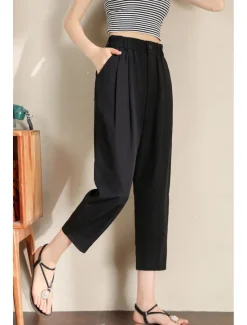 Hot Women's Linen Pants Pants Trousers Fashion Ankle-Length Plain Side Pockets Elastic Waistband Breathability Comfortable Inelastic Casual Daily Black White Army Green Royal Blue Spring & Summer Women Pants
