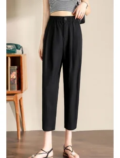 Hot Women's Linen Pants Pants Trousers Fashion Ankle-Length Plain Side Pockets Elastic Waistband Breathability Comfortable Inelastic Casual Daily Black White Army Green Royal Blue Spring & Summer Women Pants
