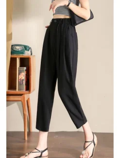 Hot Women's Linen Pants Pants Trousers Fashion Ankle-Length Plain Side Pockets Elastic Waistband Breathability Comfortable Inelastic Casual Daily Black White Army Green Royal Blue Spring & Summer Women Pants