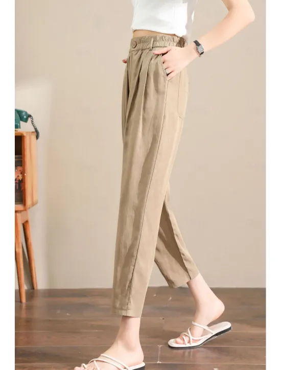 Hot Women's Linen Pants Pants Trousers Fashion Ankle-Length Plain Side Pockets Elastic Waistband Breathability Comfortable Inelastic Casual Daily Black White Army Green Royal Blue Spring & Summer Women Pants