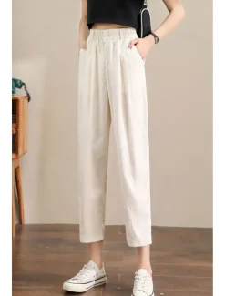 Hot Women's Linen Pants Pants Trousers Fashion Ankle-Length Plain Side Pockets Elastic Waistband Breathability Comfortable Inelastic Casual Daily Black White Army Green Royal Blue Spring & Summer Women Pants