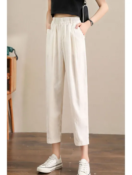 Hot Women's Linen Pants Pants Trousers Fashion Ankle-Length Plain Side Pockets Elastic Waistband Breathability Comfortable Inelastic Casual Daily Black White Army Green Royal Blue Spring & Summer Women Pants