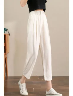 Hot Women's Linen Pants Pants Trousers Fashion Ankle-Length Plain Side Pockets Elastic Waistband Breathability Comfortable Inelastic Casual Daily Black White Army Green Royal Blue Spring & Summer Women Pants