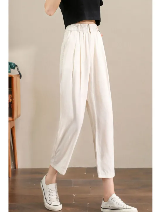 Hot Women's Linen Pants Pants Trousers Fashion Ankle-Length Plain Side Pockets Elastic Waistband Breathability Comfortable Inelastic Casual Daily Black White Army Green Royal Blue Spring & Summer Women Pants