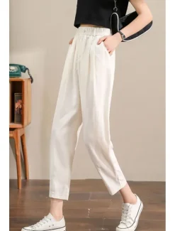 Hot Women's Linen Pants Pants Trousers Fashion Ankle-Length Plain Side Pockets Elastic Waistband Breathability Comfortable Inelastic Casual Daily Black White Army Green Royal Blue Spring & Summer Women Pants