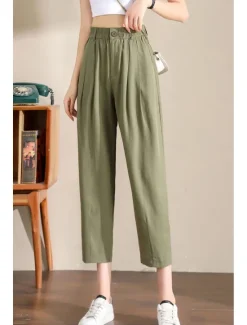 Hot Women's Linen Pants Pants Trousers Fashion Ankle-Length Plain Side Pockets Elastic Waistband Breathability Comfortable Inelastic Casual Daily Black White Army Green Royal Blue Spring & Summer Women Pants