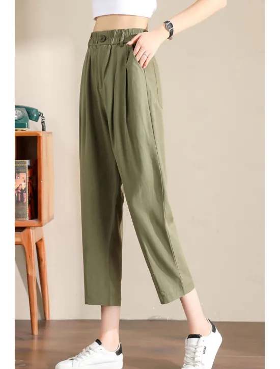 Hot Women's Linen Pants Pants Trousers Fashion Ankle-Length Plain Side Pockets Elastic Waistband Breathability Comfortable Inelastic Casual Daily Black White Army Green Royal Blue Spring & Summer Women Pants