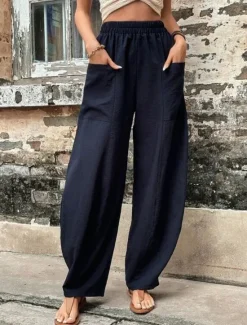 Sale Women's Linen Pants Tapered pants Pants Trousers Fashion Basic Casual Full Length Plain Side Pockets Baggy Comfort Micro-elastic Vacation Street Casual Daily Black Red Navy Blue Blue Regular Fit Women Pants