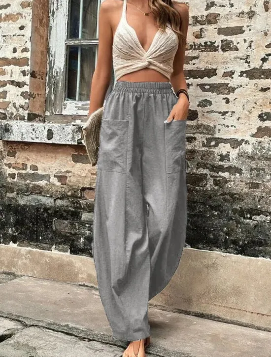 Sale Women's Linen Pants Tapered pants Pants Trousers Fashion Basic Casual Full Length Plain Side Pockets Baggy Comfort Micro-elastic Vacation Street Casual Daily Black Red Navy Blue Blue Regular Fit Women Pants