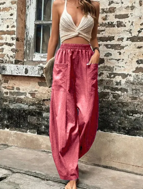 Sale Women's Linen Pants Tapered pants Pants Trousers Fashion Basic Casual Full Length Plain Side Pockets Baggy Comfort Micro-elastic Vacation Street Casual Daily Black Red Navy Blue Blue Regular Fit Women Pants