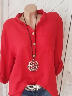 Online Women's Linen Shirt Long Cotton Top White Cotton Top White Cotton Blouse Solid Color Fashion V Neck Street Daily Buttons White Pink Red Blue Fuchsia Spring & Fall Women Shirts