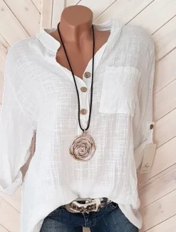 Online Women's Linen Shirt Long Cotton Top White Cotton Top White Cotton Blouse Solid Color Fashion V Neck Street Daily Buttons White Pink Red Blue Fuchsia Spring & Fall Women Shirts