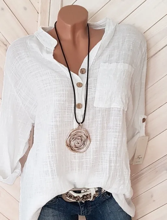 Online Women's Linen Shirt Long Cotton Top White Cotton Top White Cotton Blouse Solid Color Fashion V Neck Street Daily Buttons White Pink Red Blue Fuchsia Spring & Fall Women Shirts