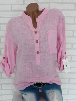 Online Women's Linen Shirt Long Cotton Top White Cotton Top White Cotton Blouse Solid Color Fashion V Neck Street Daily Buttons White Pink Red Blue Fuchsia Spring & Fall Women Shirts