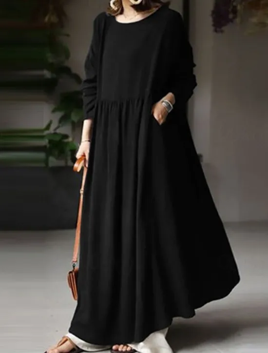 Hot Women's Linen-Cotton Blend Maxi Dress Long Sleeve Loose Fit Patchwork Crew Neck Casual Women Dresses